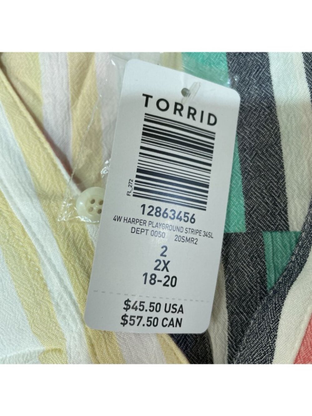NWT Torrid Women's 2X Harper Multicolor Striped Roll-Tab Sleeve Blouse C0910 - Picture 6 of 8
